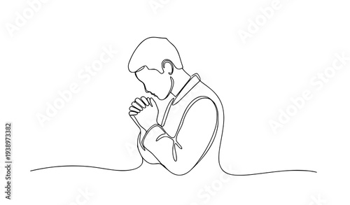 One continuous line drawing praying Christian person faith spiritual outline vector illustration