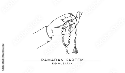 Continuous one line drawing hand holding Islamic prayer beads tasbih Ramadan Kareem vector illustration