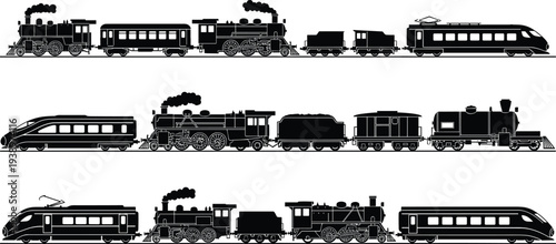 Train silhouette collection, steam locomotive illustration, modern high speed railway artwork, black and white design, transportation history graphic, technological advancement drawing