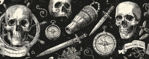 Nautical seamless pattern mixing spyglass, compass, swords, skulls, ship wheel 32k ultra HD