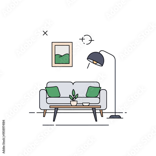 Minimalist living room interior with sofa, coffee table, and lamp