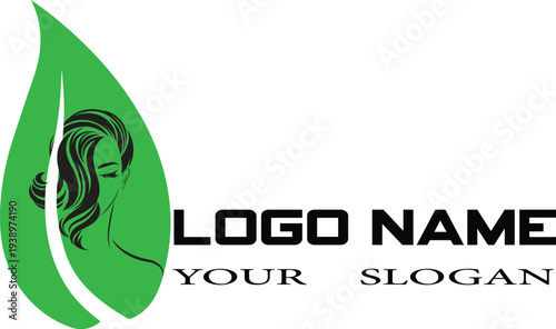 Green Leaf and Woman Silhouette Beauty Logo Template