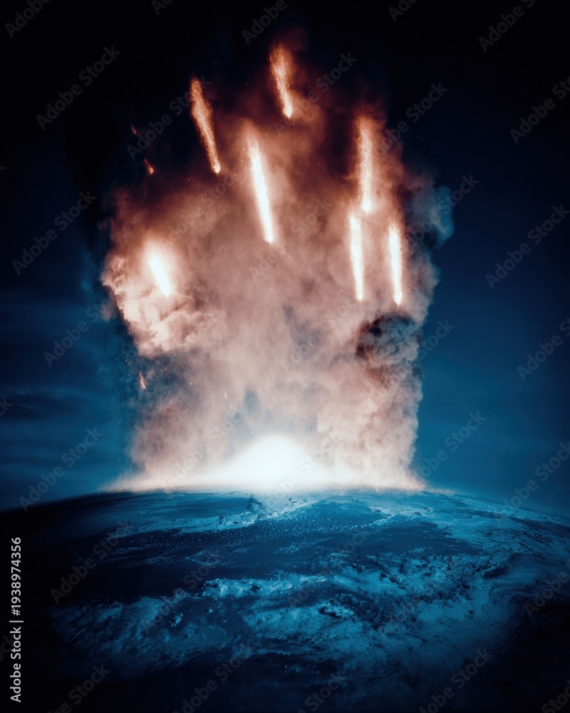 Obraz premium Apocalyptic battle impact on planet earth surface with falling meteors and fiery clouds for a science fiction movie poster and global disaster cinematic background