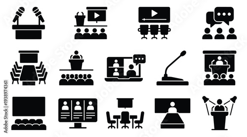 Conference and meeting icons, presentation, online meeting and audience