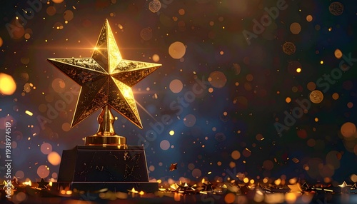 A golden star trophy stands on a pedestal surrounded by sparkling confetti