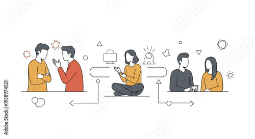 A conceptual illustration depicts a three-step process of conflict resolution, from argument to mediation and finally to peaceful reconciliation.