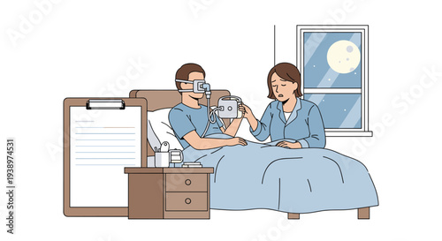 A concerned woman sits at the bedside of a sick man wearing a breathing mask in a hospital room at night, with the moon in the window.