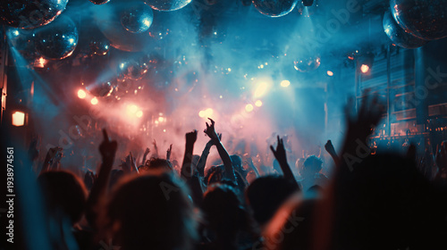 colorful nightclub scene with energetic crowd dancing under abstract lights and blurred background showing excitement music celebration and lively party atmosphere