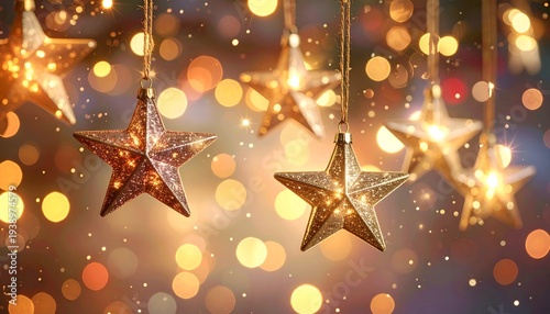 Sparkling star ornaments hang with bokeh lights in the background