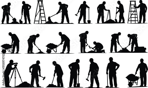 Various silhouettes of people engaged in yard work and gardening activities on white background