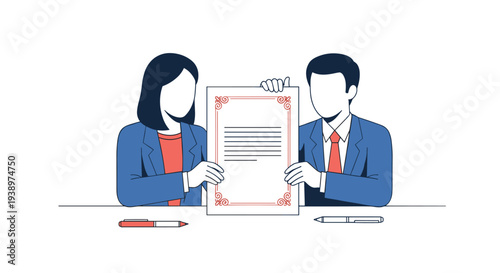 A faceless man and woman in professional blue suits sit at a desk and proudly display a formal document with an ornate red border.