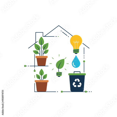 Sustainable home with plants, lightbulb, water, and recycling bin