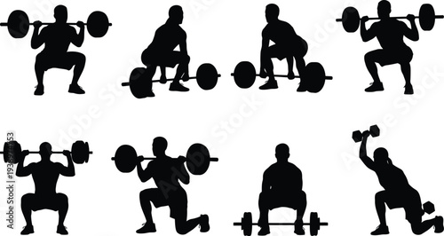 Silhouette illustrations of people engaged in various weightlifting exercises on white background