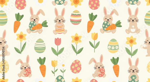 Easter vector pattern featuring rabbits, eggs, carrots, flowers, and tulips in a seamless design