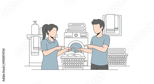 A faceless couple in a laundry room argues over household chores, both pointing at a full basket of clothes needing to be washed.