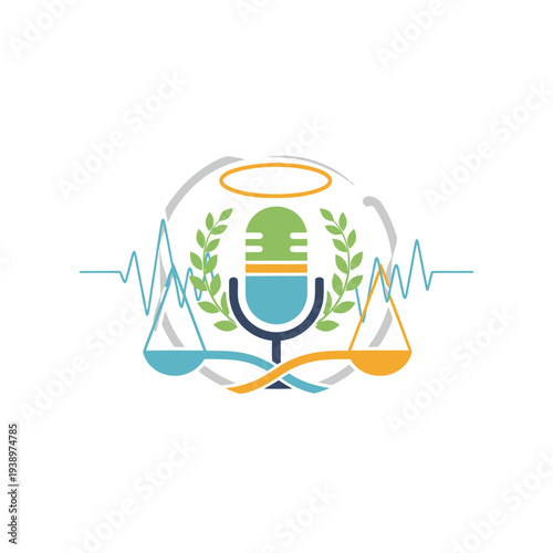 Legal podcast emblem with microphone and balance scales