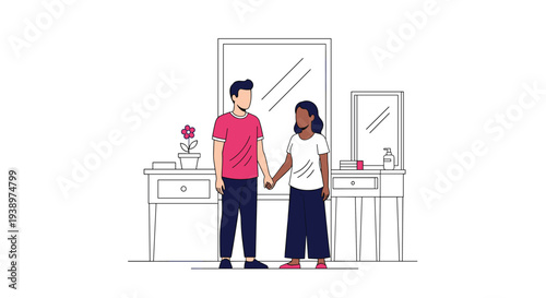 An interracial couple holds hands affectionately while standing together in a simply drawn room with a dresser, mirror, and a flower.