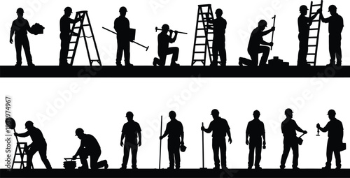 Construction workers silhouettes engaged in various tasks and activities on white background