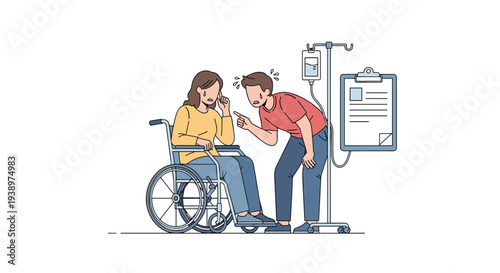 A concerned man comforts a crying woman in a wheelchair next to an IV drip stand in a medical or hospital environment.