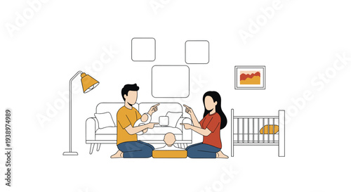 A young couple kneels on the living room floor, happily playing with their infant baby near a sofa and a crib.