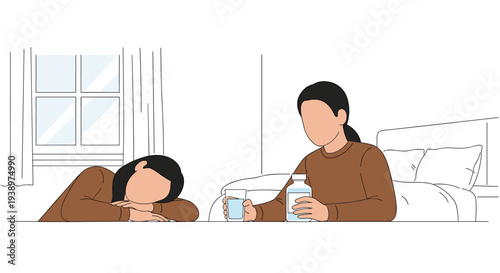 A person offers a glass of water and a bottle of medicine to another person who is slumped over a table in distress.