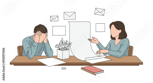 A distraught man covers his face at a desk while a woman confronts him with a long list of bills or a lengthy document.