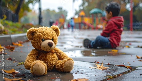 A lonely teddy bear sits on a wet sidewalk in the rain