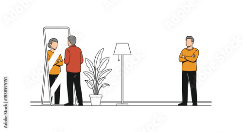 An older couple looks at their reflection in a full-length mirror while a younger version of the man watches them from the side.