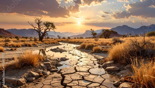 Golden sunset illuminates a dry riverbed in a vast arid landscape