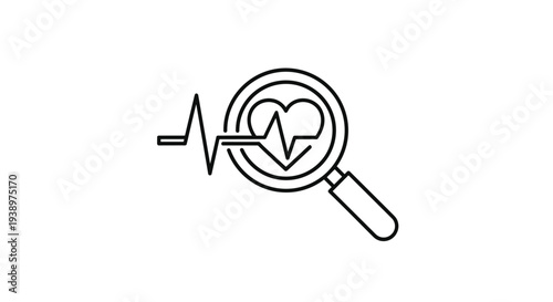 Health diagnostic icon showing a magnifying glass focused on a heart with an electrocardiogram pulse line for medical checkup concepts.