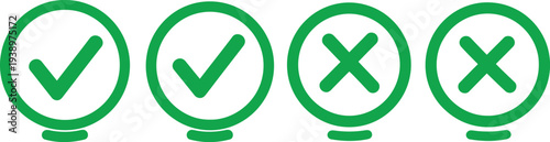 Four green icons with checkmarks and crosses in a row on white background