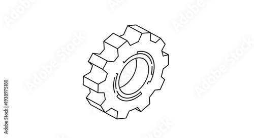 Isometric line art illustration of a mechanical gear or cogwheel representing engineering manufacturing and technical progress.