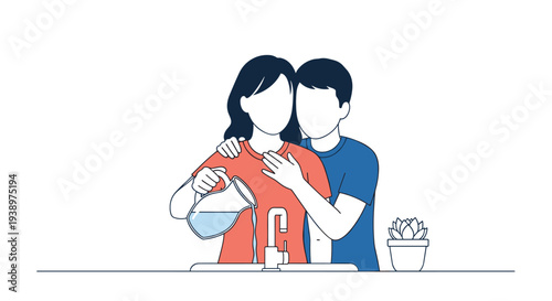 A man affectionately hugs a woman from behind as she stands at a kitchen sink pouring water from a glass pitcher.