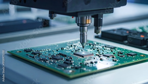 Automated machine precisely places component on a green circuit board