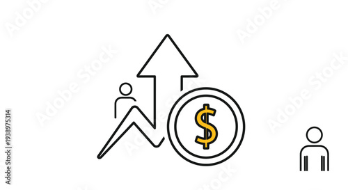 Financial success icon featuring an upward trending arrow with a dollar coin and human silhouettes for human capital and profit growth.