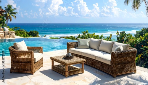 Luxury outdoor seating area with infinity pool overlooking the ocean