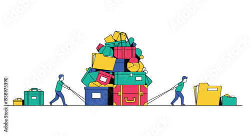 A conceptual illustration comparing two men, one pulling a huge disorganized pile of luggage and the other pulling a small, organized stack of folders, on a white background.
