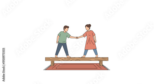 A young boy and girl hold hands to maintain their balance while walking together on a narrow wooden beam over a rug.