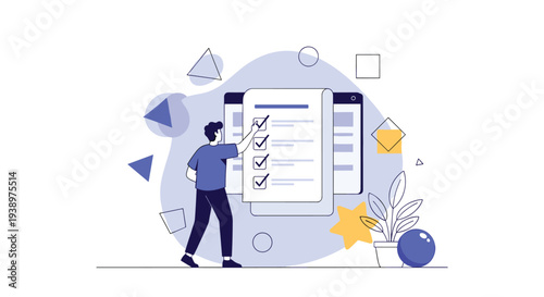 Task management concept with a man checking off items on a giant to do list document for productivity and goal achievement.