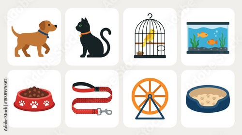 Pets vector illustration set featuring dog, cat, bird cage, fish tank, food bowl, leash, hamster wheel, and pet bed in flat minimal design style