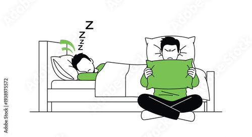 A man tries to block out the sound of his snoring partner by covering his ears with a pillow in a simple line art illustration.