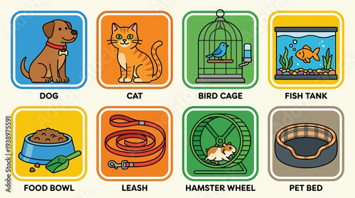 Pets vector illustration set featuring dog, cat, bird cage, fish tank, food bowl, leash, hamster wheel, and pet bed in flat minimal design style