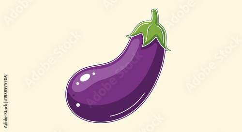 Detailed purple eggplant illustration with a green stem and highlights is presented as a healthy vegetable icon on a pale yellow background.