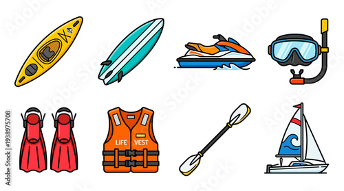 Water sports vector illustration set including kayak, surfboard, jet ski, diving mask, flippers, life jacket, paddle, and sailboat in flat minimal aquatic design style