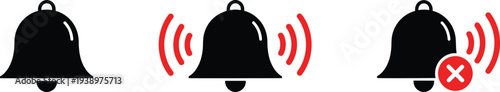 Notification bell icons with sound waves and mute symbol on white background