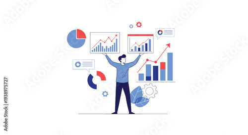 Professional man holds up various financial data charts and business graphs to demonstrate success, analytical growth, and corporate strategy.