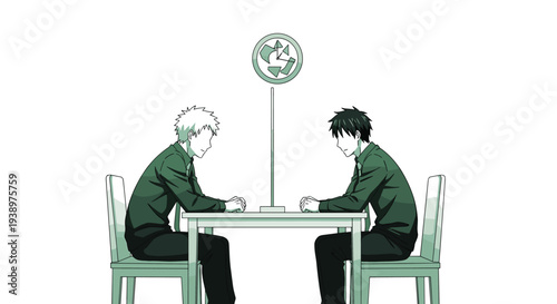 Two men sit opposite each other at a table with a recycling symbol between them in a muted green monochrome pixel art illustration.
