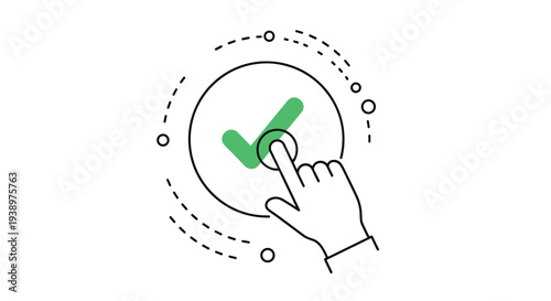 Hand icon reaches out to touch a green checkmark button inside a circle to represent approval, success, completion, and positive feedback.