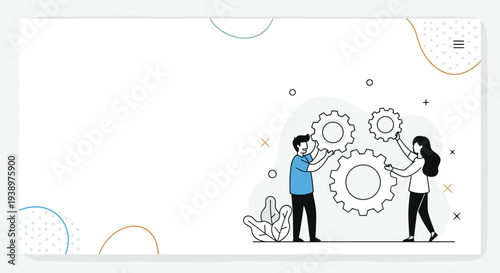 Two business professionals work together to assemble large mechanical gear wheels symbolizing teamwork, collaboration, and industrial progress.