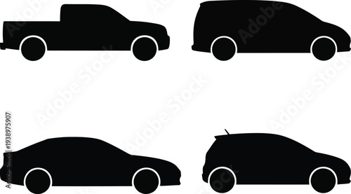 Four black silhouettes of different vehicles on a white background